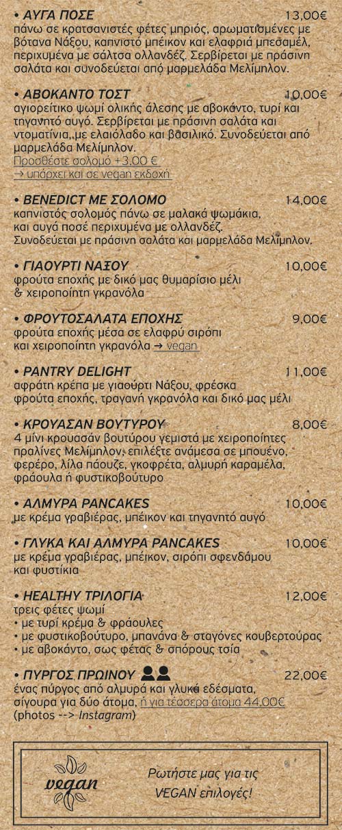 Το μενού του καφέ και brunch στη Νάξο