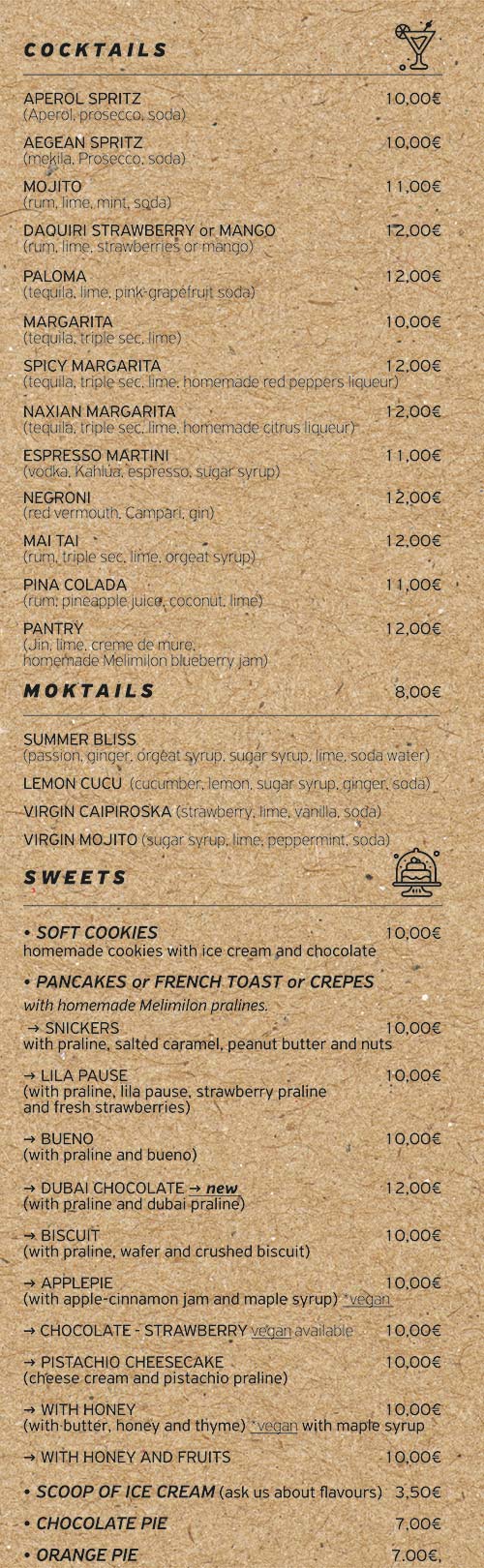 The menu of Pantry coffee and brunch spot in Naxos